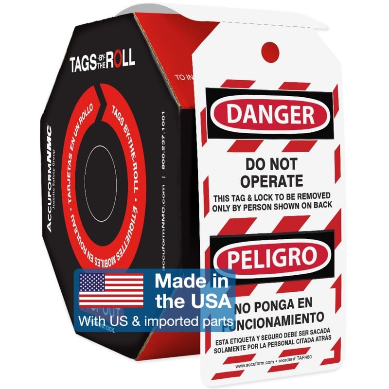 AccuformNMC 100 Lockout Tags by-The-Roll, Bilingual Danger Do Not Operate/Peligro No Ponga En Funcionamient, US Made OSHA Compliant Tags, Waterproof PF-Cardstock, Resists Tears, 6.25"x3", TAR460 - Image 1